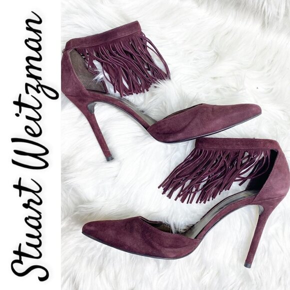 STUART WEITZMAN Fringelica Currant Suede D'Orsay Ankle Fringe Stilettos Size 7.5 - Picture 10 of 12